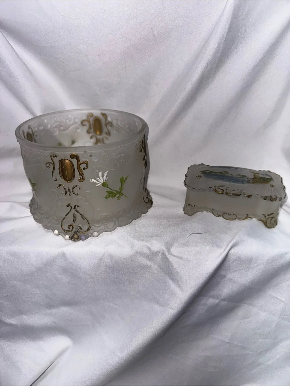 Antique hand painted glass dresser jar set
